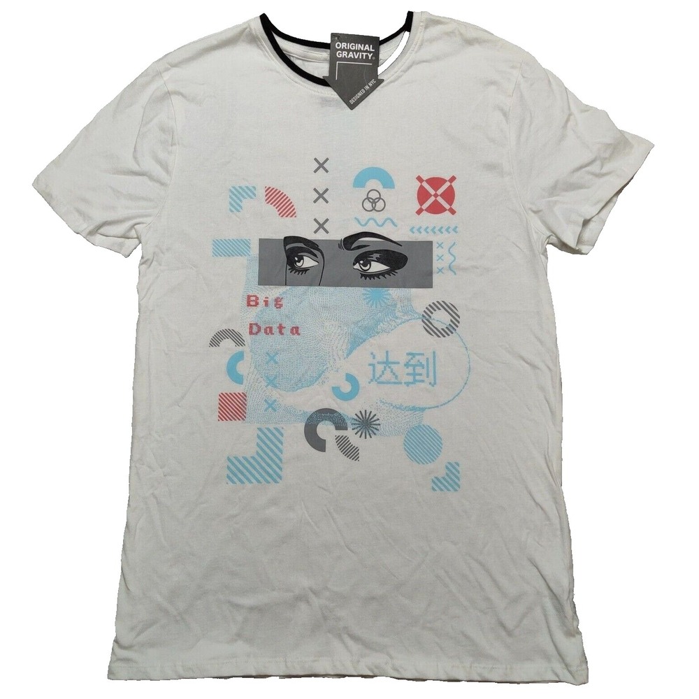 Original Gravity Men Medium White Big Data Kanji Double-sided‎ T-Shirt NEW
